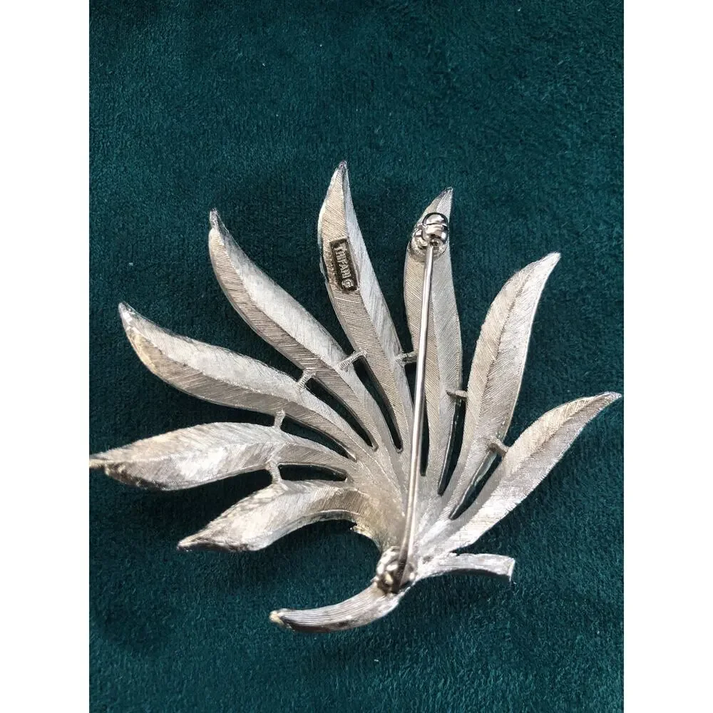Vintage Signed Crown Trifari Brushed Silver Tone Brooch Leaf